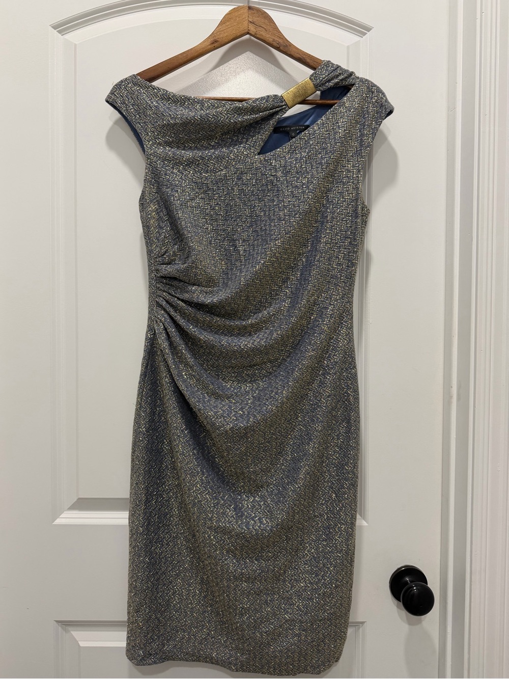 David Meister One-Shoulder Metallic Silver-Gray Sheath Dress